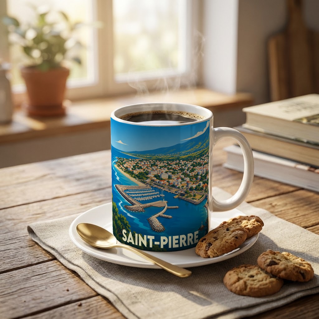 Mug souvenir de la ville de Saint-Pierre (La Réunion) orné d'une illustration panoramique colorée de son port et de son littoral.