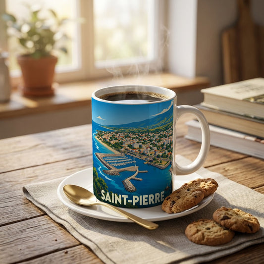 Mug souvenir de la ville de Saint-Pierre (La Réunion) orné d'une illustration panoramique colorée de son port et de son littoral.