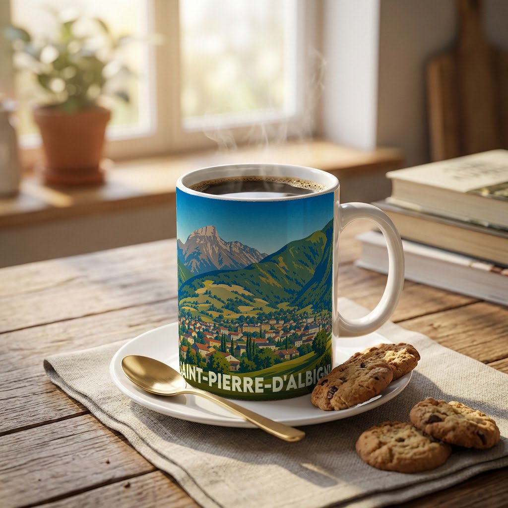 Mug souvenir de la ville de Saint-Pierre-d'Albigny orné d'une illustration de paysage montagneux.