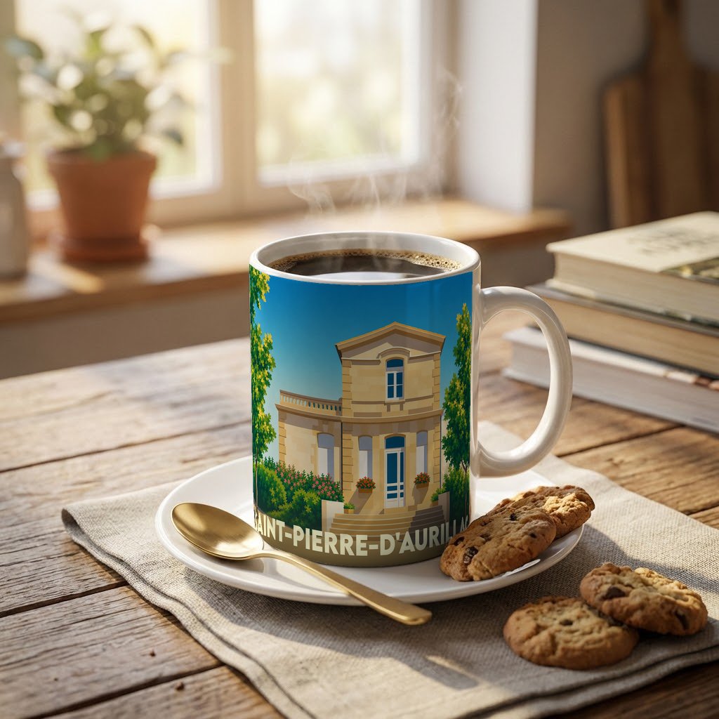 Mug souvenir de la ville de Saint-Pierre-d'Aurillac avec une illustration stylisée d'un bâtiment historique.