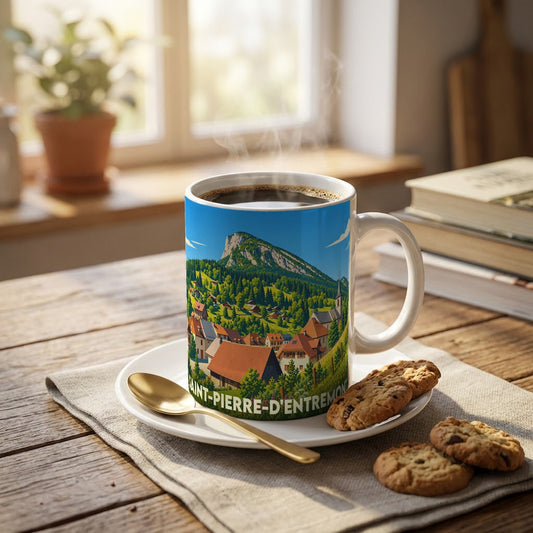 Mug souvenir de la ville de Saint-Pierre-d'Entremont orné d'une illustration stylisée du village et des montagnes.
