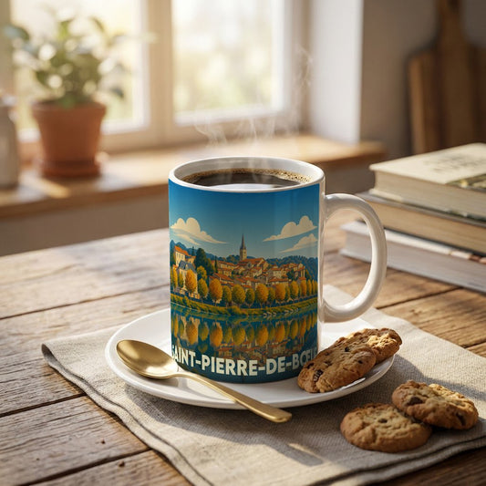Mug souvenir de la ville de Saint-Pierre-de-Bœuf avec une illustration stylisée d'un paysage urbain au bord de l'eau.