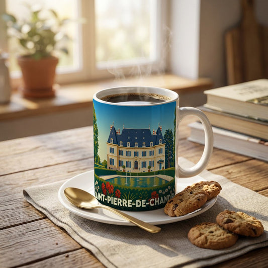 Mug souvenir de la ville de Saint-Pierre-de-Chandieu illustré d'un château avec un bassin de jardin.