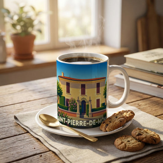 Mug souvenir de la ville de Saint-Pierre-de-Mons avec une illustration stylisée d'une bâtisse traditionnelle.
