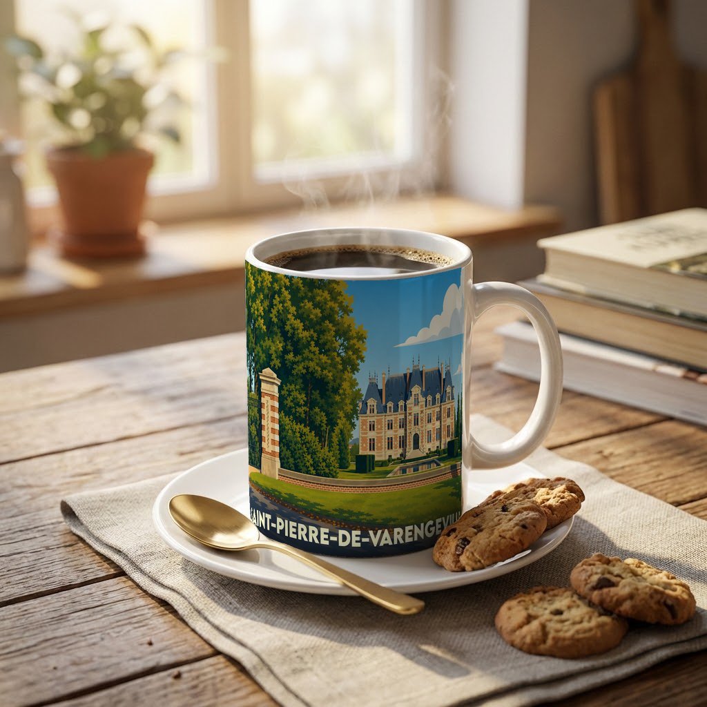 Mug souvenir de la ville de Saint-Pierre-de-Varengeville avec une illustration stylisée de son château.