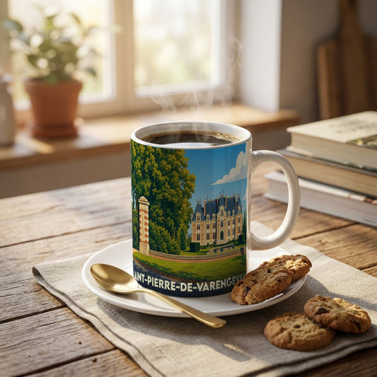 Mug souvenir de la ville de Saint-Pierre-de-Varengeville avec une illustration stylisée de son château.