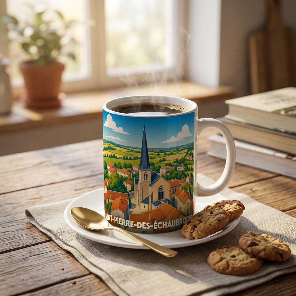 Mug souvenir de la ville de Saint-Pierre-des-Échaubrognes avec une illustration stylisée.