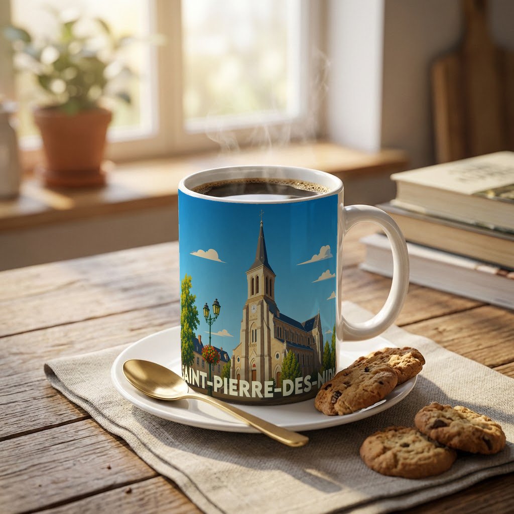 Mug souvenir de la ville de Saint-Pierre-des-Nids avec une illustration stylisée de son église.