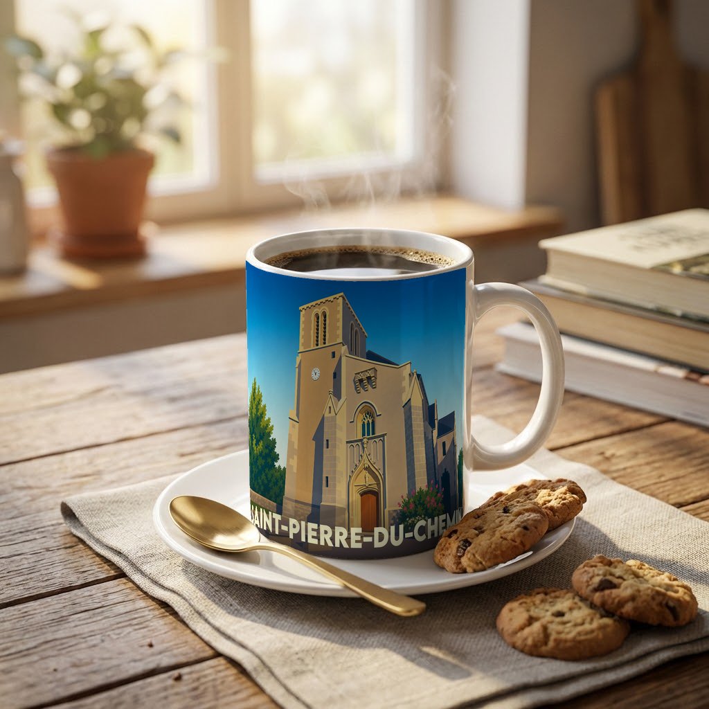 Mug souvenir de la ville de Saint-Pierre-du-Chemin avec une illustration stylisée de son église.