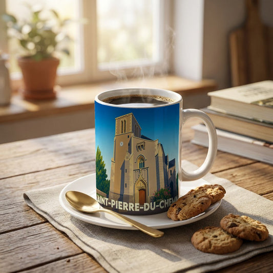 Mug souvenir de la ville de Saint-Pierre-du-Chemin avec une illustration stylisée de son église.