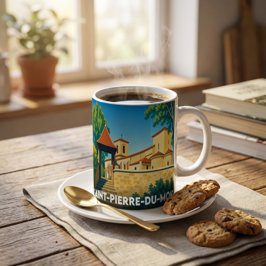 Mug souvenir de la ville de Saint-Pierre-du-Mont avec une illustration stylisée d'une église.