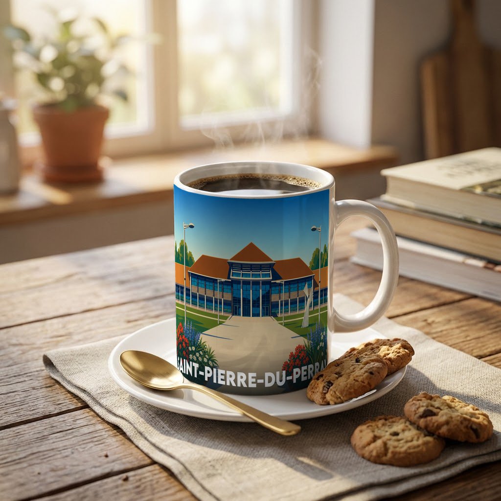 Mug souvenir de la ville de Saint-Pierre-du-Perray avec une illustration graphique stylisée.