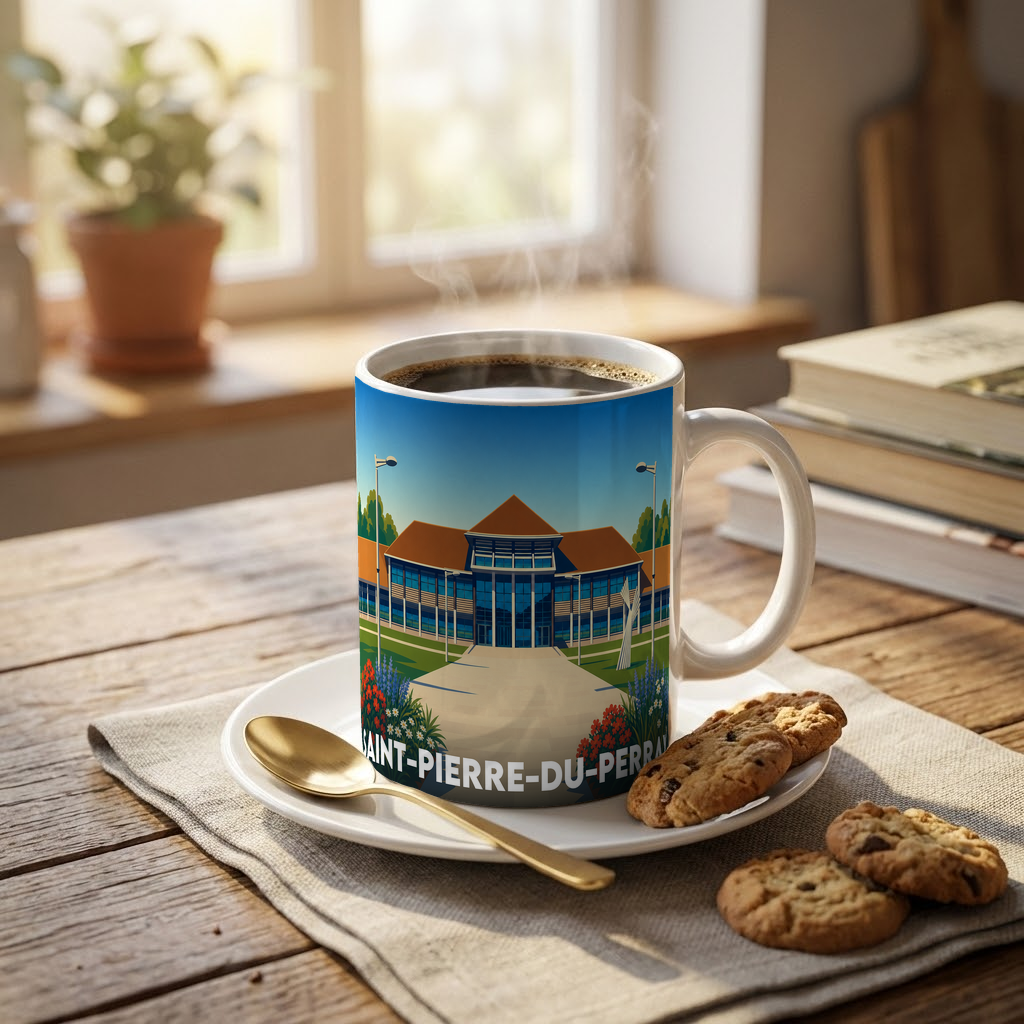 Mug souvenir de la ville de Saint-Pierre-du-Perray avec une illustration graphique stylisée.
