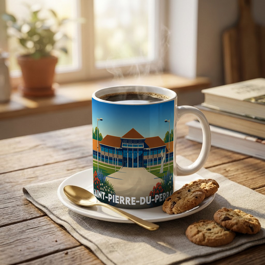 Mug souvenir de la ville de Saint-Pierre-du-Perray avec une illustration graphique stylisée.