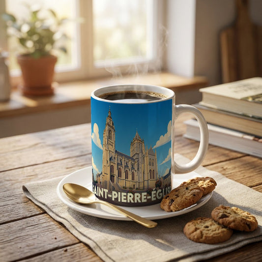 Mug souvenir de la ville de Saint-Pierre-Église orné d'une illustration stylisée de son église.