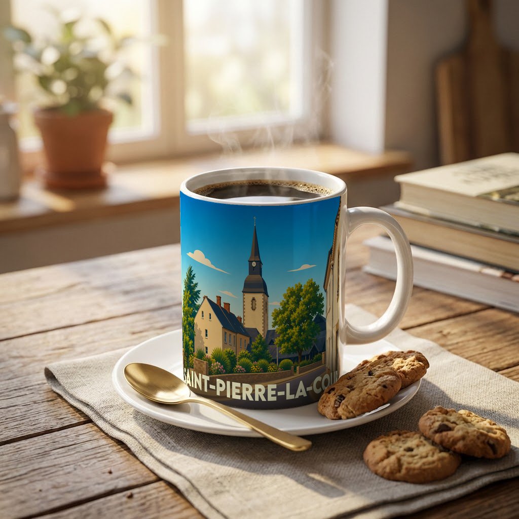 Mug souvenir de la ville de Saint-Pierre-la-Cour orné d'une illustration stylisée de son église et de ses maisons.