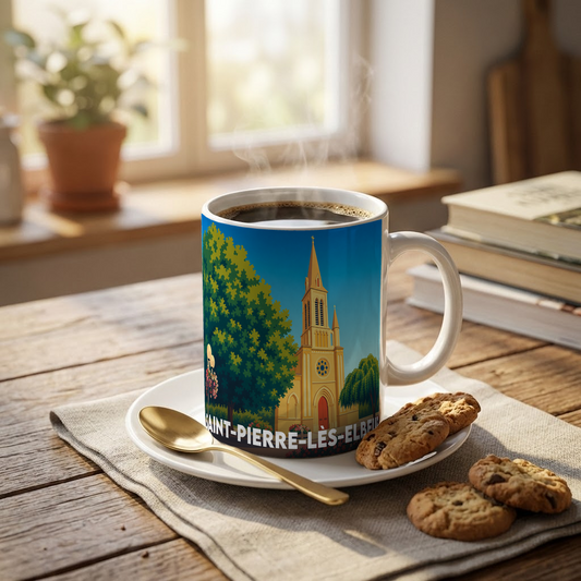 Mug souvenir de la ville de Saint-Pierre-lès-Elbeuf illustré d'un dessin stylisé de son église.