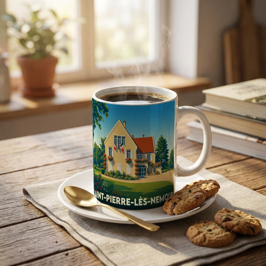 Mug souvenir de la ville de Saint-Pierre-lès-Nemours orné d'une illustration stylisée d'une maison traditionnelle.