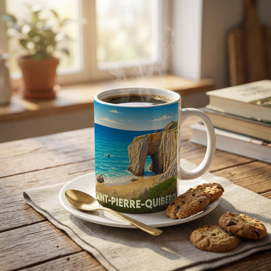 Mug souvenir de la ville de Saint-Pierre-Quiberon illustré par un paysage côtier avec une arche rocheuse.