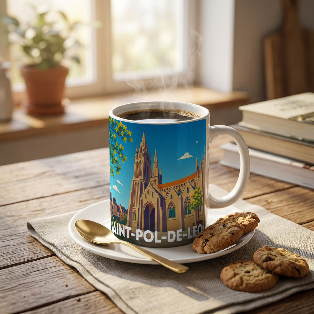 Mug souvenir de la ville de Saint-Pol-de-Léon avec une illustration stylisée de sa cathédrale.