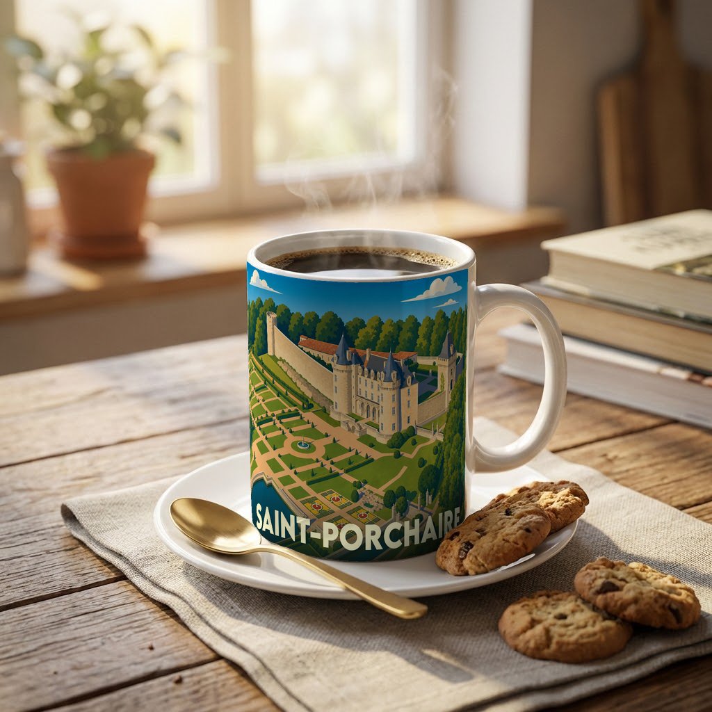 Mug souvenir de la ville de Saint-Porchaire illustré d'un château et de ses jardins.