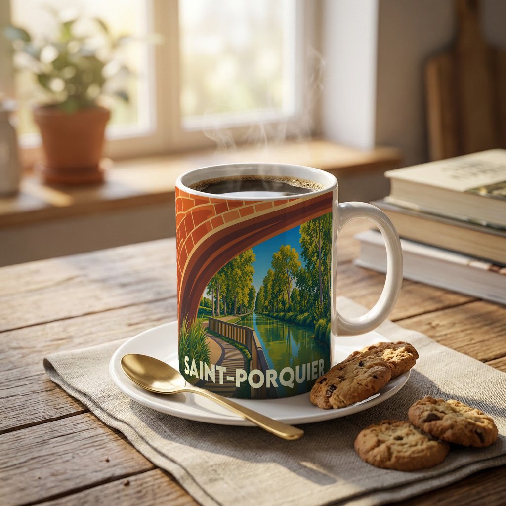 Mug souvenir de la ville de Saint-Porquier illustré d'une scène de canal sous un pont de briques.