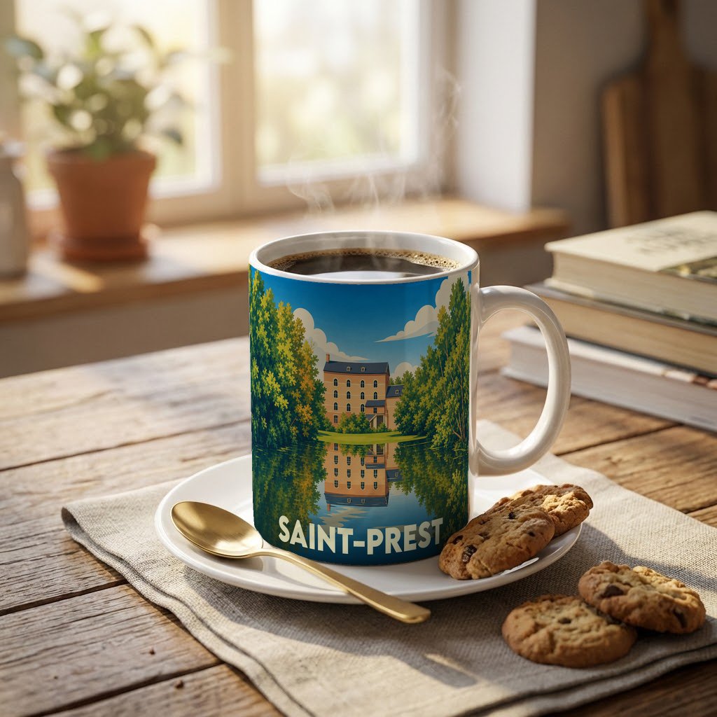 Mug souvenir de la ville de Saint-Prest avec une illustration stylisée d'un bâtiment au bord de l'eau.