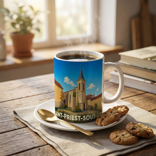 Mug souvenir de la ville de Saint-Priest-sous-Aixe orné d'une illustration stylisée de son église.