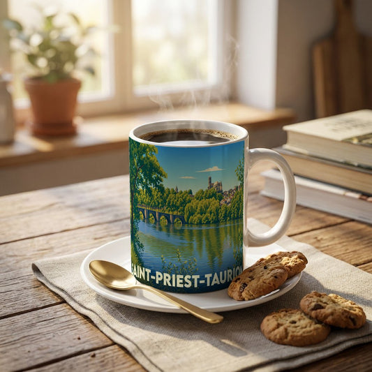 Mug souvenir de la ville de Saint-Priest-Taurion avec une illustration stylisée d'un pont et de son église en bord de rivière.