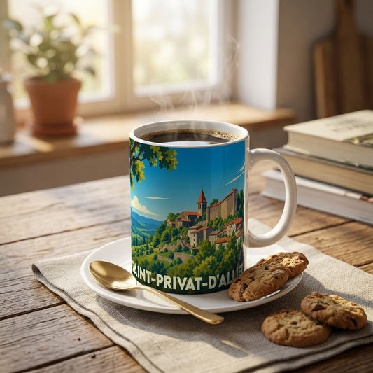 Mug souvenir de la ville de Saint-Privat-d'Allier orné d'une illustration stylisée du village perché.