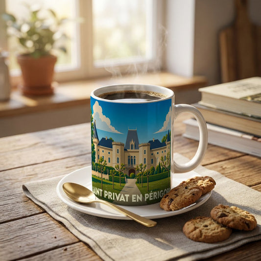Mug souvenir de la ville de Saint Privat en Périgord avec une illustration stylisée de son château.