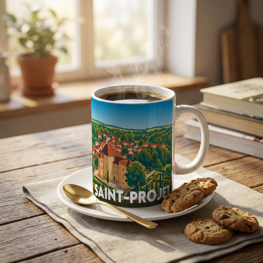 Mug souvenir de la ville de Saint-Projet avec une illustration panoramique stylisée.