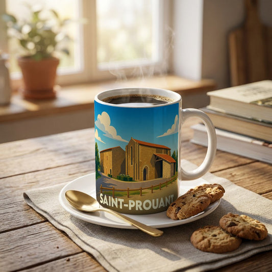 Mug souvenir de la ville de Saint-Prouant avec une illustration stylisée d'un monument historique.
