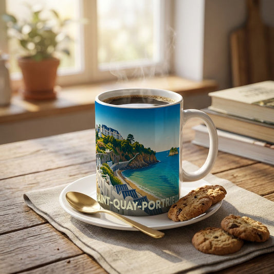 Mug souvenir de la ville de Saint-Quay-Portrieux orné d'une illustration côtière stylisée.