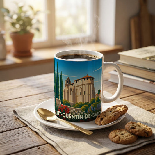 Mug souvenir de la ville de Saint-Quentin-de-Baron avec une illustration stylisée de son église romane.