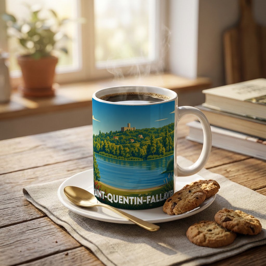 Mug souvenir de la ville de Saint-Quentin-Fallavier avec une illustration stylisée d'un paysage lacustre.
