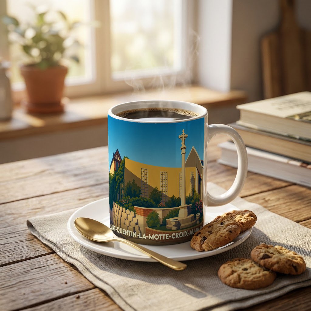 Mug souvenir de la ville de Saint-Quentin-la-Motte-Croix-au-Bailly avec une illustration stylisée et colorée.