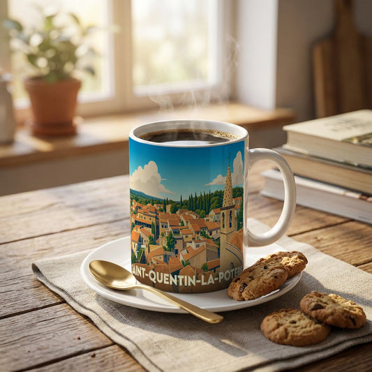 Mug souvenir de la ville de Saint-Quentin-la-Poterie orné d'une illustration stylisée du village et de son clocher.