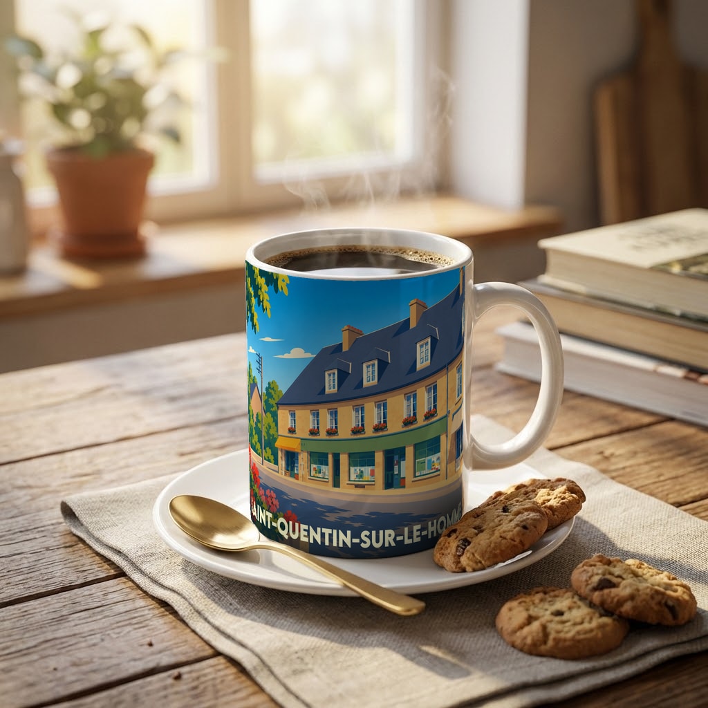 Mug souvenir de la ville de Saint-Quentin-sur-le-Homme avec une illustration stylisée.