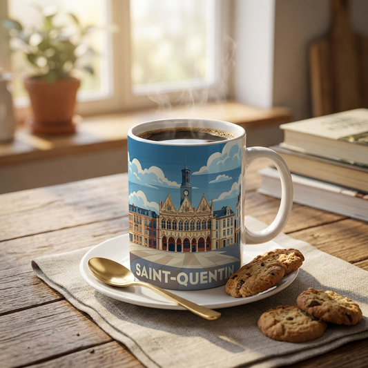 Mug souvenir de la ville de Saint-Quentin avec une illustration stylisée.