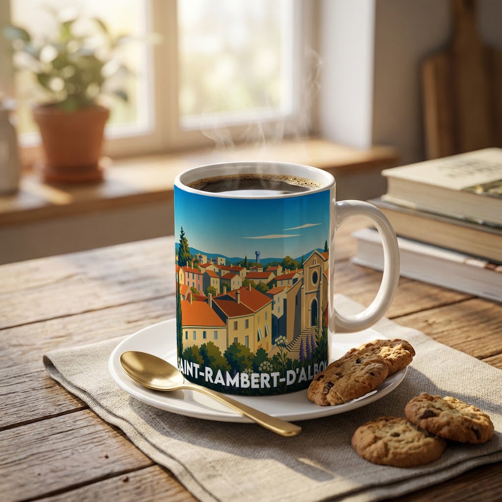 Mug souvenir de la ville de Saint-Rambert-d'Albon avec une illustration stylisée.