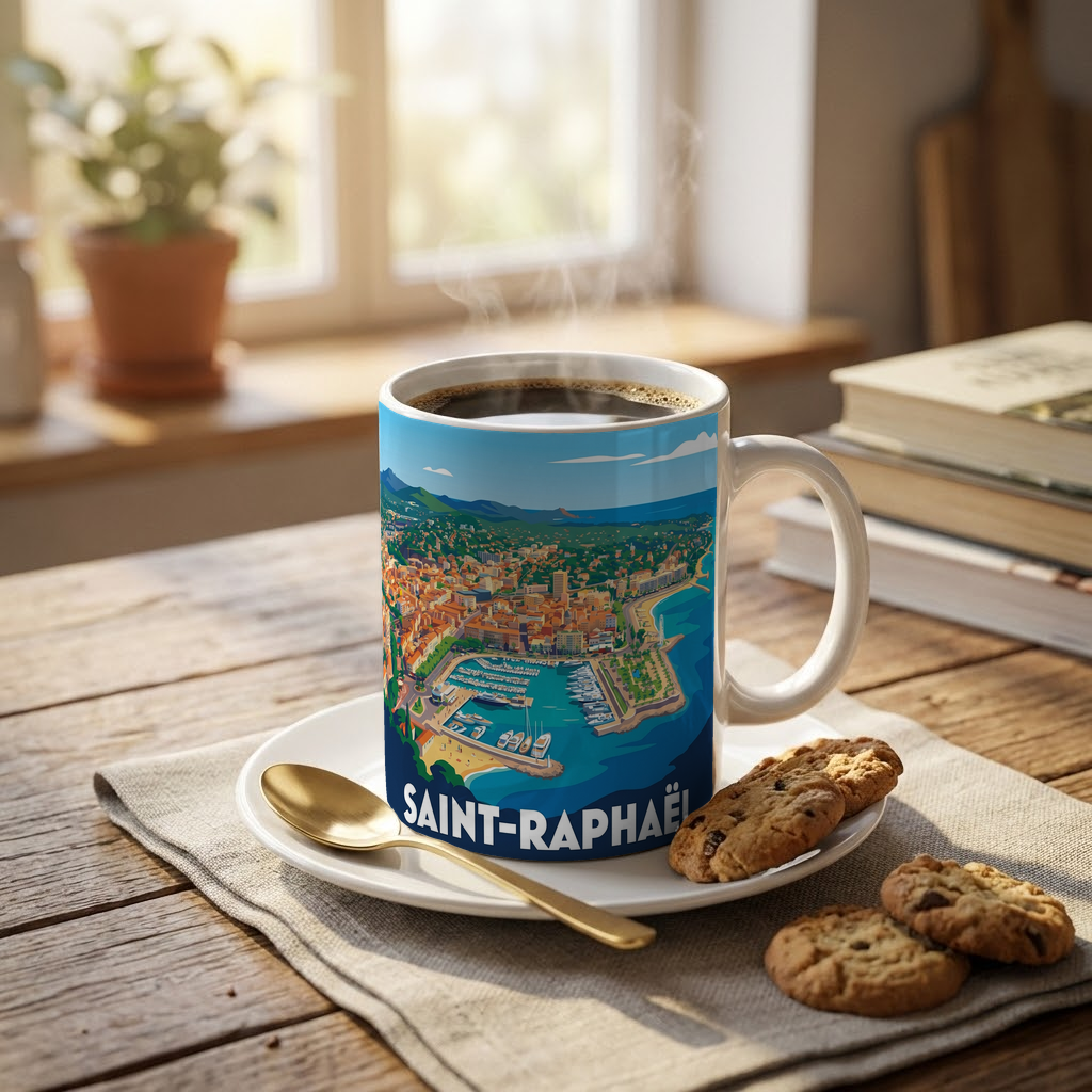 Mug souvenir de la ville de Saint-Raphaël avec une illustration stylisée de son port.
