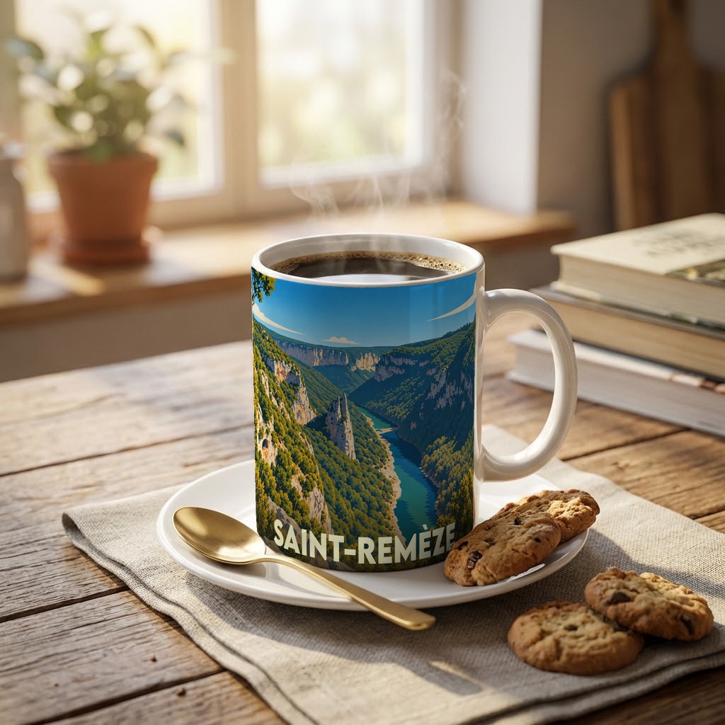 Mug souvenir de la ville de Saint-Remèze avec une illustration stylisée des Gorges de l'Ardèche.