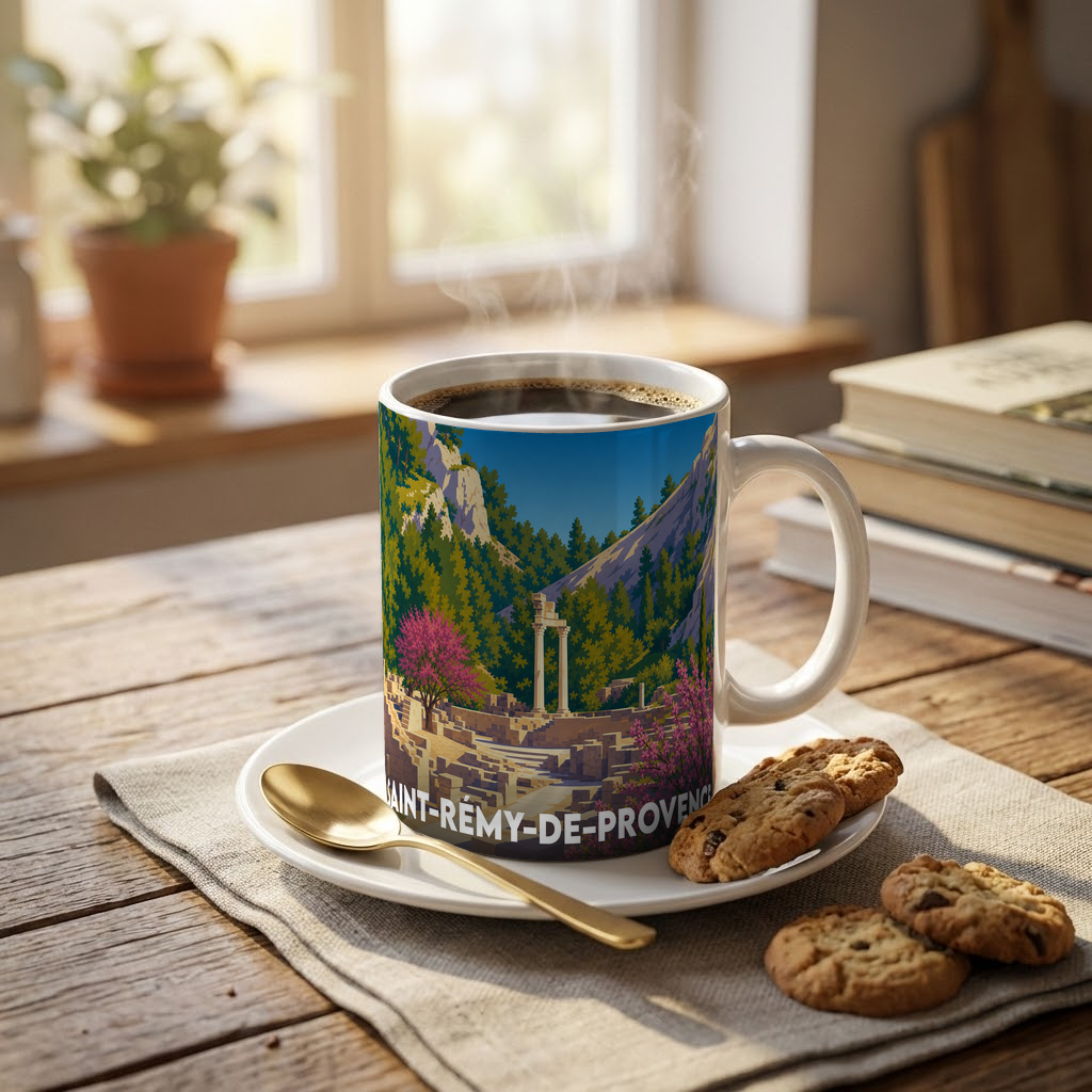Mug souvenir de la ville de Saint-Rémy-de-Provence illustré d'un paysage provençal stylisé.