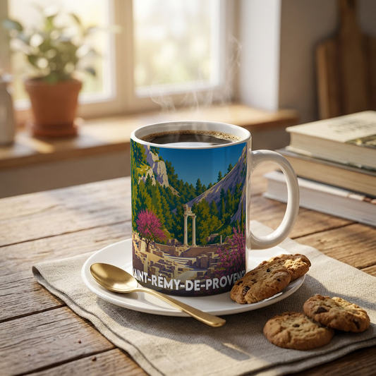 Mug souvenir de la ville de Saint-Rémy-de-Provence illustré d'un paysage provençal stylisé.