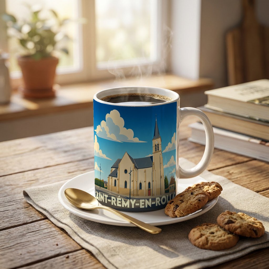 Mug souvenir de la ville de Saint-Rémy-en-Rollat avec une illustration stylisée de son église.