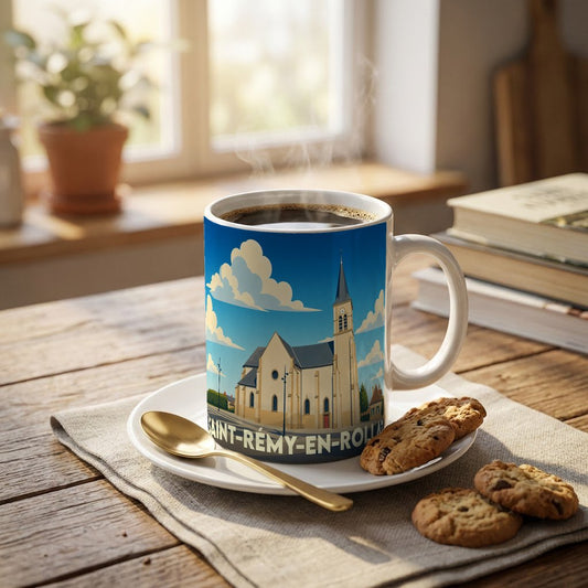 Mug souvenir de la ville de Saint-Rémy-en-Rollat avec une illustration stylisée de son église.