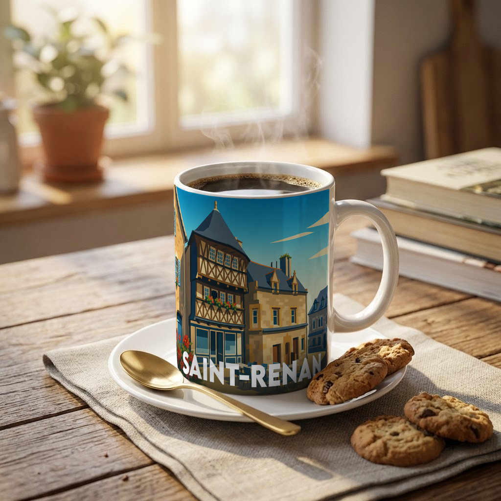 Mug souvenir de la ville de Saint-Renan avec une illustration stylisée d'une maison à colombages.