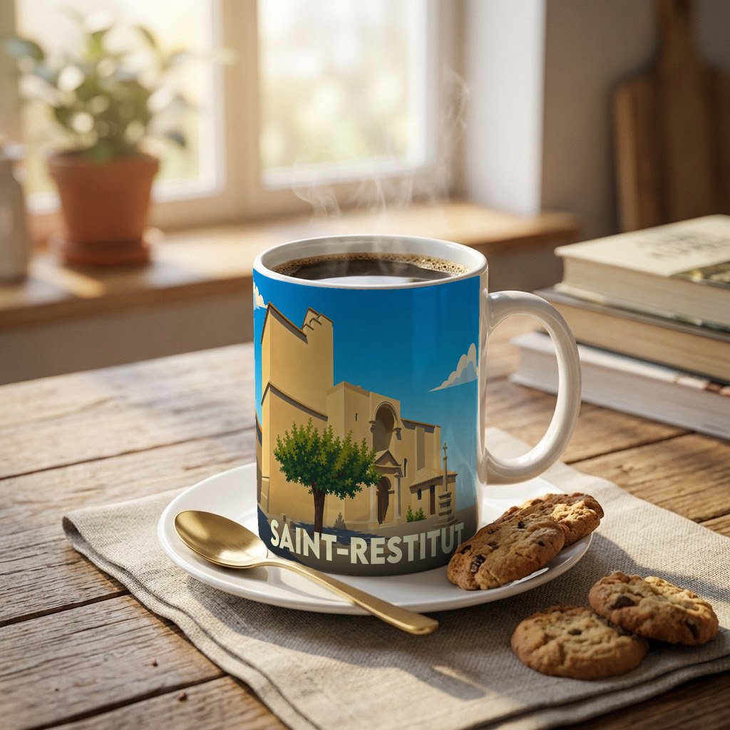 Mug souvenir de la ville de Saint-Restitut orné d'une illustration stylisée de son église romane.