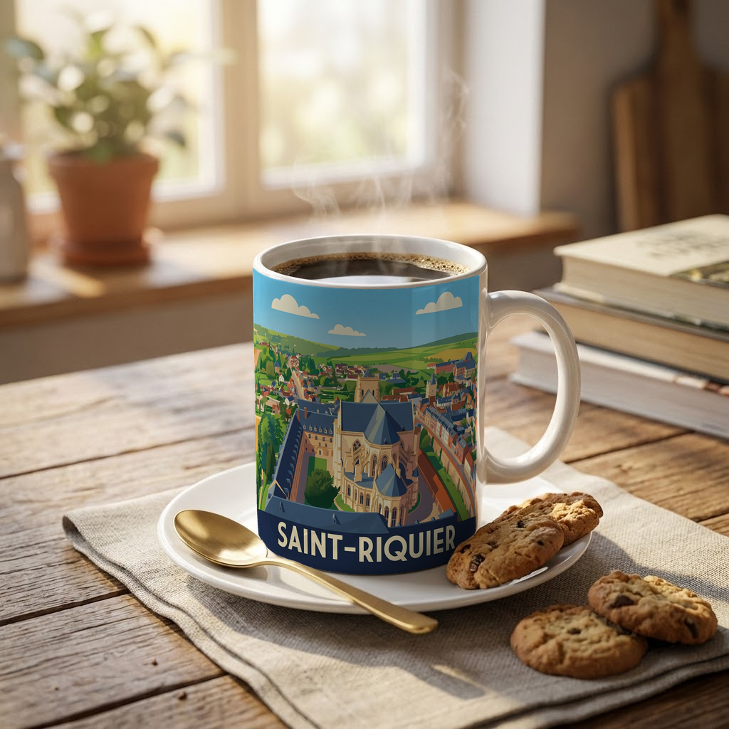 Mug souvenir de la ville de Saint-Riquier avec une illustration stylisée.